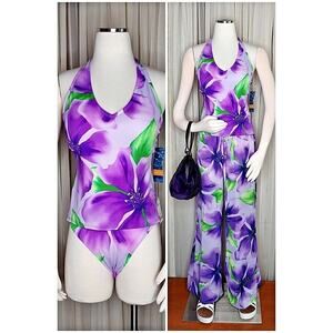 Vintage Jantzen USA 3-Piece Swimsuit Purple Floral Tankini Bottom Pants Swimwear